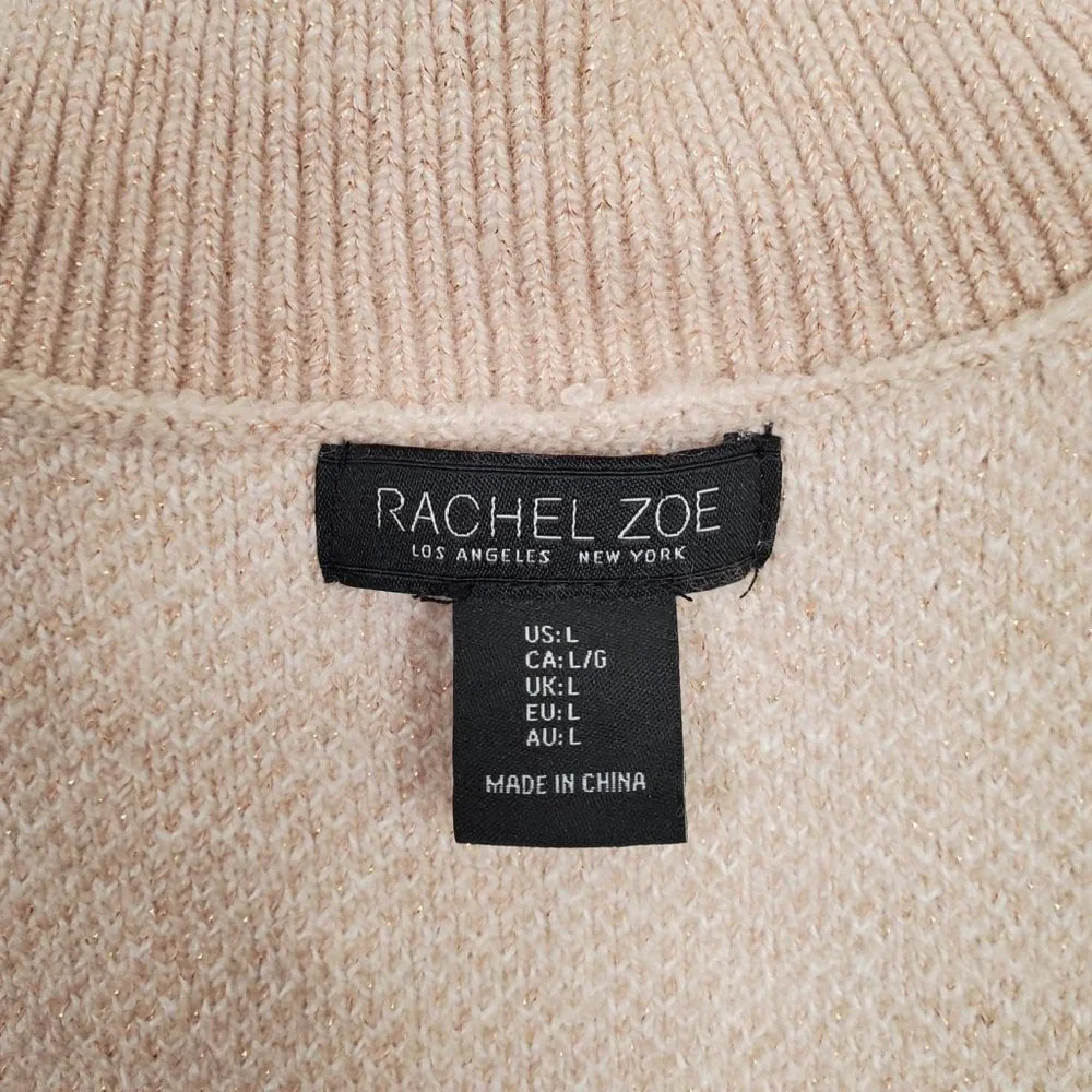 Rachel Zoe Size L Sweater Wool Blend Metallic Sparkle Mock Neck Thick Knit Tan - Picture 6 of 6